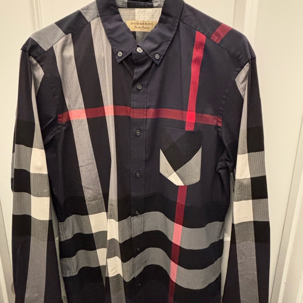 Burberry Black Plaid Button-Down Shirt with Gray, White and Red Accents
